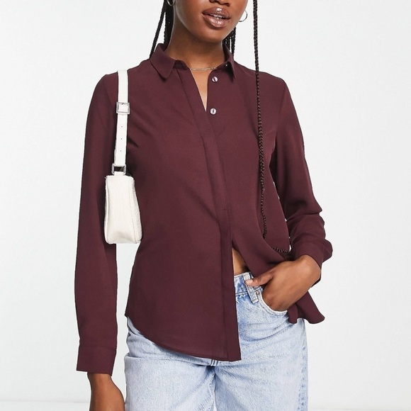 NWT New Look button through shirt- Burgundy Sold at ASOS - Picture 1 of 8